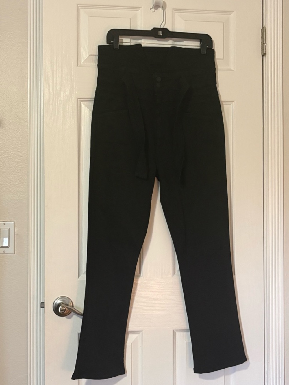 Mother Denim High-Waist Black Tapered Pants with Waist Tie